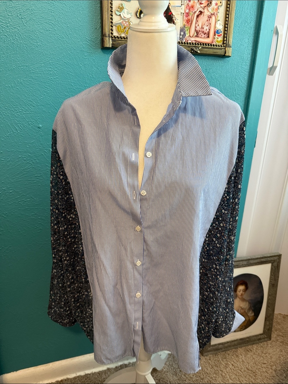 Zara Blue and Navy Mixed-Print Button Shirt